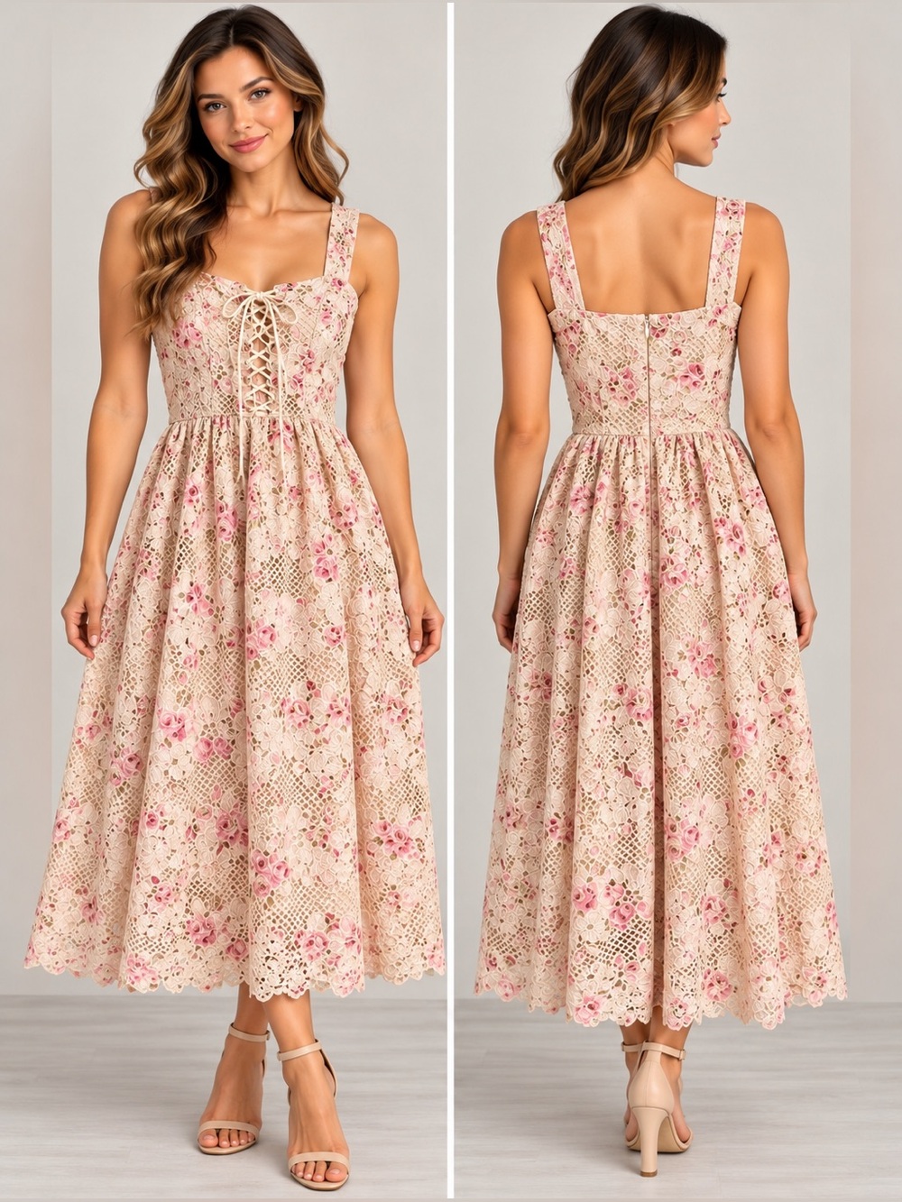 Just Me Floral Lace Midi Dress in Pink & Cream Size Small NWT